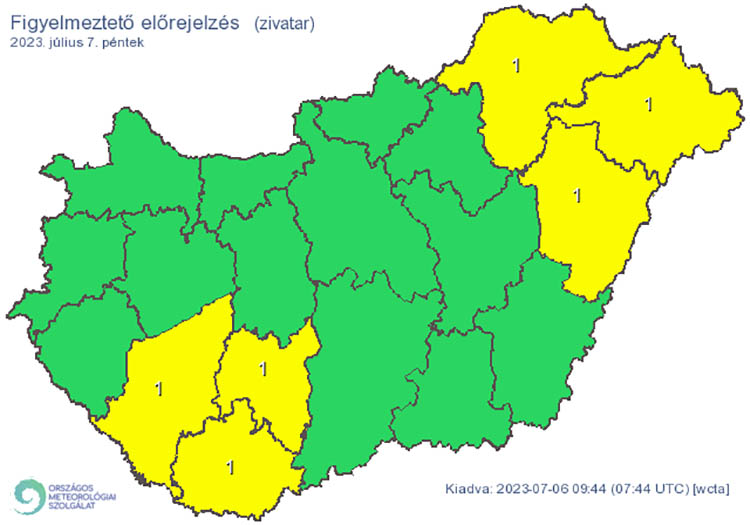 Elsőfokú figyelmeztetés: Zivatar alakulhat ki. Elsődleges veszélyforrást a villámlás jelent, emellett esetenként szélerősödés, jégeső előfordulhat!