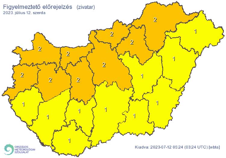 Másodfokú riasztás: Veszély! Hevesebb zivatarok kialakulására lehet számítani. A villámlások mellett kockázatot jelent a zivatarokat kísérő szél, jégeső is! Elsőfokú riasztás: Figyelem! Zivatar alakulhat ki. Elsődleges veszélyforrást a villámlás jelent, emellett esetenként szélerősödés, jégeső előfordulhat! 