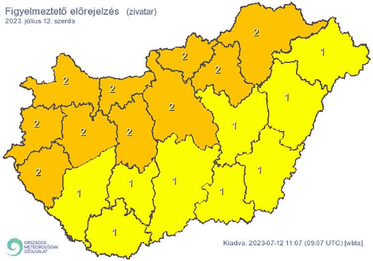 Másodfokú riasztás: Veszély! Hevesebb zivatarok kialakulására lehet számítani. A villámlások mellett kockázatot jelent a zivatarokat kísérő szél, jégeső is! Elsőfokú riasztás: Figyelem! Zivatar alakulhat ki. Elsődleges veszélyforrást a villámlás jelent, emellett esetenként szélerősödés, jégeső előfordulhat!