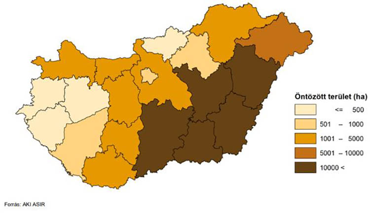 Megöntözött terület nagysága (halastavak nélkül) megyei bontásban, 2022