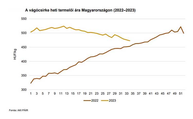 A vágócsirke heti termelői ára Magyarországon