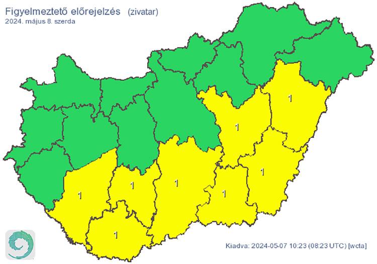 Elsőfokú figyelmeztetés: Zivatar alakulhat ki. Elsődleges veszélyforrást a villámlás jelent, emellett esetenként szélerősödés, jégeső előfordulhat!