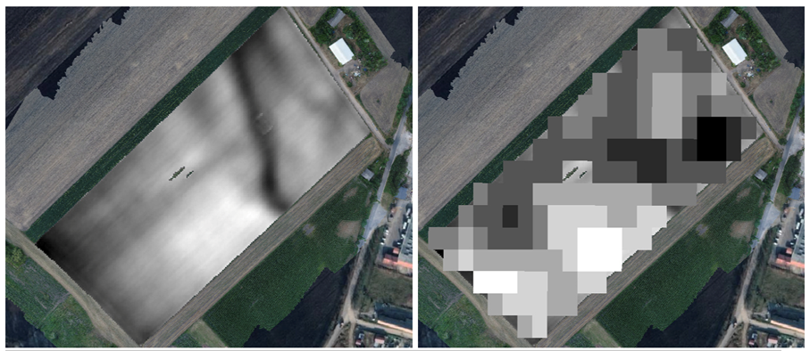 Összehasonlítása a DRONATION magassági model (bal oldal) és a NASA digitális felület model (jobb oldal) között egy átlagos termő területen