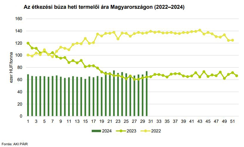 Az étkezési búza heti termelői ára Magyarországon