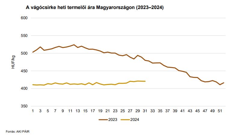 A vágócsirke heti termelői ára Magyarországon