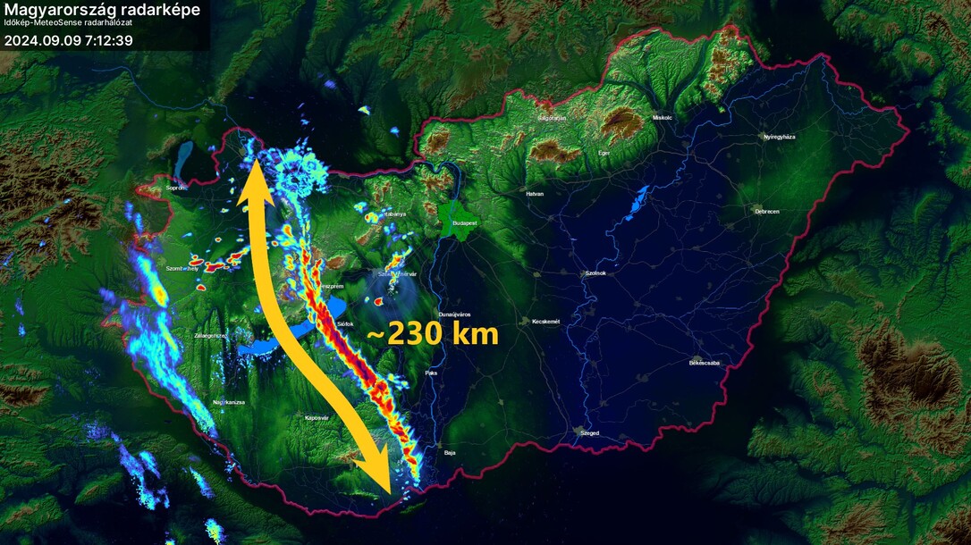 Radarkép a 230-240 km hosszú zivatarláncról