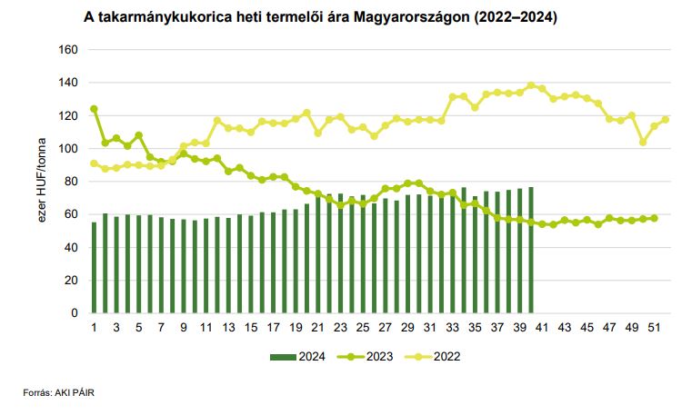 A takarmánykukorica termelői ára 76 622 Ft/t volt 2024.40 hetén, 39 százalékkal magasabb, mint egy évvel korábban