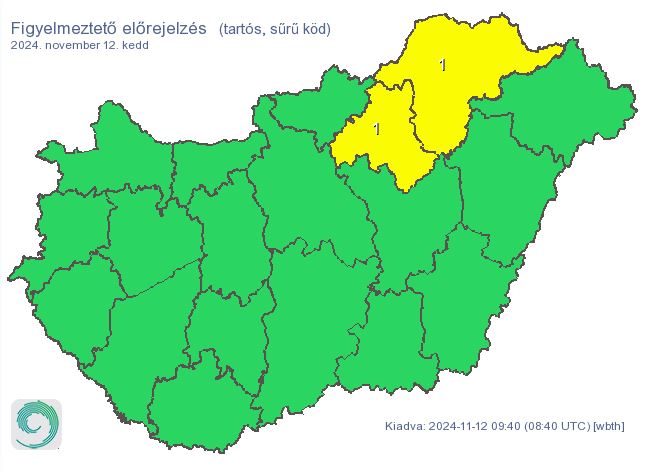 Tartós (> 6 óra) sűrű köd (látástávolság pár száz méter) várható.