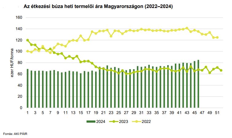 Az étkezési búza heti termelői ára Magyarországon