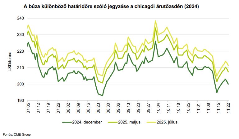 A búza különböző határidőre szóló jegyzése a chicagói árutőzsdén